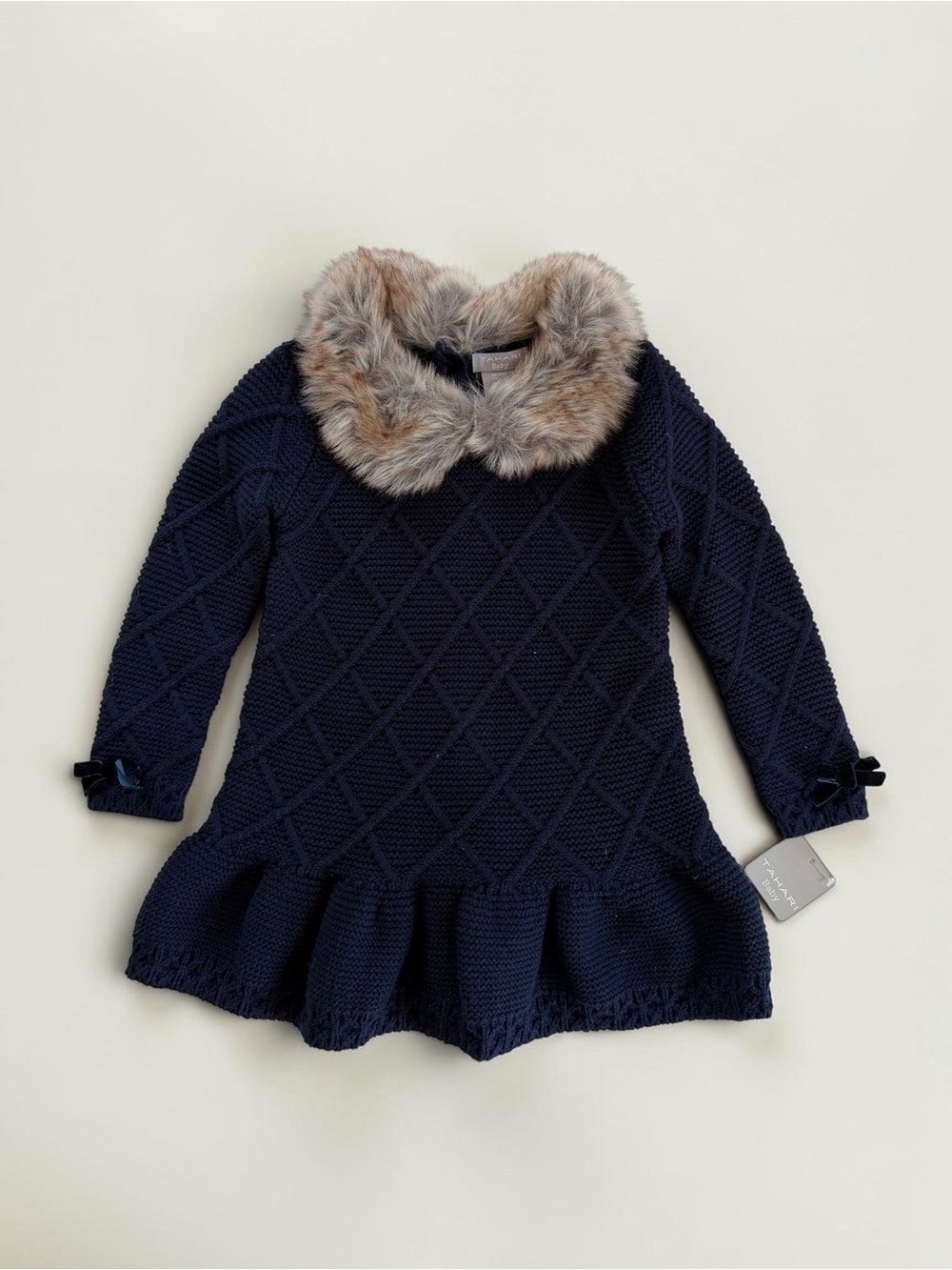 TAHARI NWT Navy Cable Knit Faux Fur Trim Collar Dress
